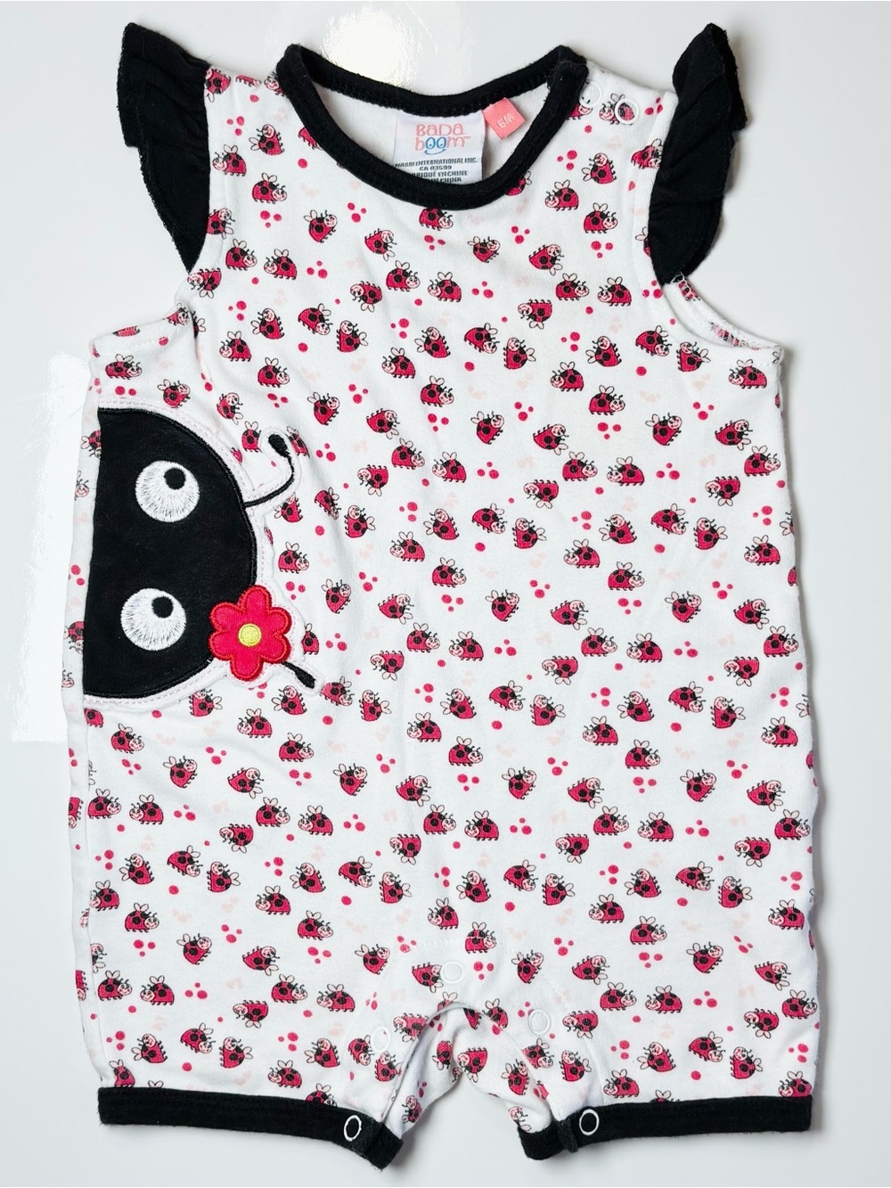 Vintage Y2K Badaboom Ladybug Colorblock Ruffle Romper 18M Black Red Embroidery